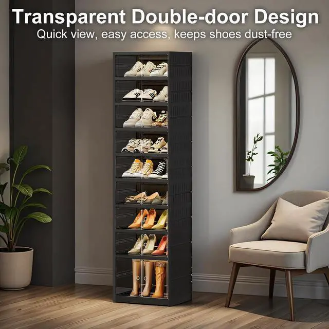 Alt view image 6 of 7 - 9Tier Black Foldable Stackable Plastic Shoe Storage Cabinet With Transparent Magnetic Doors Holds 18 Pairs Footwear For Entryway Closet LivingRoom