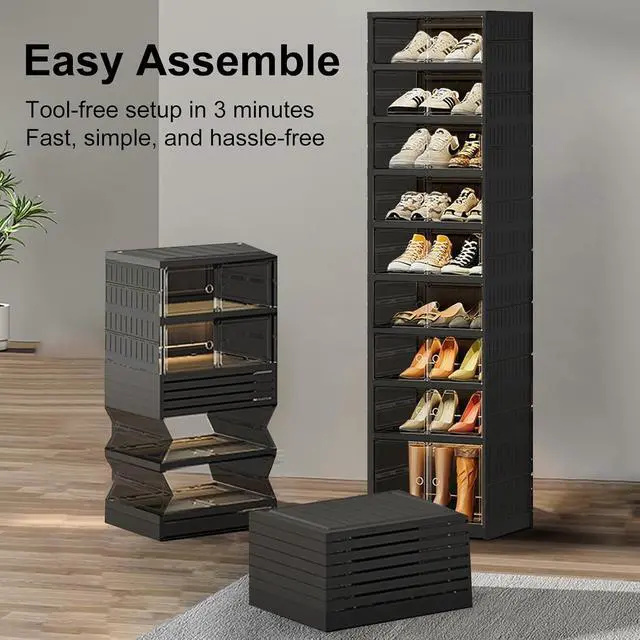 Alt view image 7 of 7 - 9Tier Black Foldable Stackable Plastic Shoe Storage Cabinet With Transparent Magnetic Doors Holds 18 Pairs Footwear For Entryway Closet LivingRoom