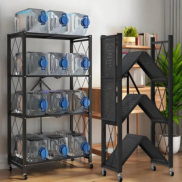 Main image of 4-Tier Foldable Metal Storage Shelves Organizer with Wheels 28"W x14"D x50"H Bakers Rack Microwave Stand Plant Stand for Kitchen Garage Closet Workshop