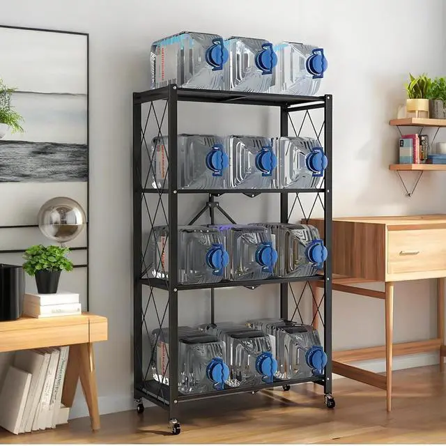 Alt view image 3 of 4 - 4-Tier Foldable Metal Storage Shelves Organizer with Wheels 28"W x14"D x50"H Bakers Rack Microwave Stand Plant Stand for Kitchen Garage Closet Workshop