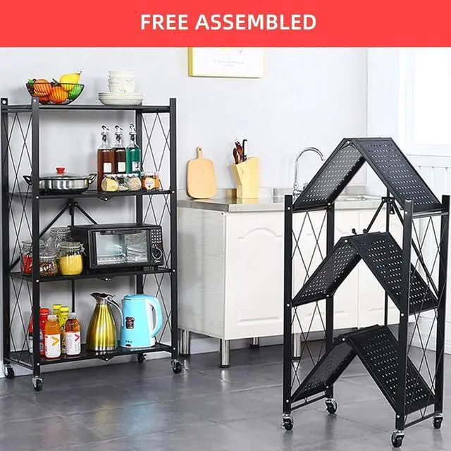 Alt view image 4 of 4 - 4-Tier Foldable Metal Storage Shelves Organizer with Wheels 28"W x14"D x50"H Bakers Rack Microwave Stand Plant Stand for Kitchen Garage Closet Workshop