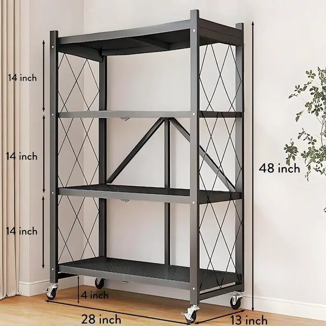 Alt view image 2 of 4 - 4-Tier Foldable Metal Storage Shelves Organizer with Wheels 28"W x14"D x50"H Bakers Rack Microwave Stand Plant Stand for Kitchen Garage Closet Workshop