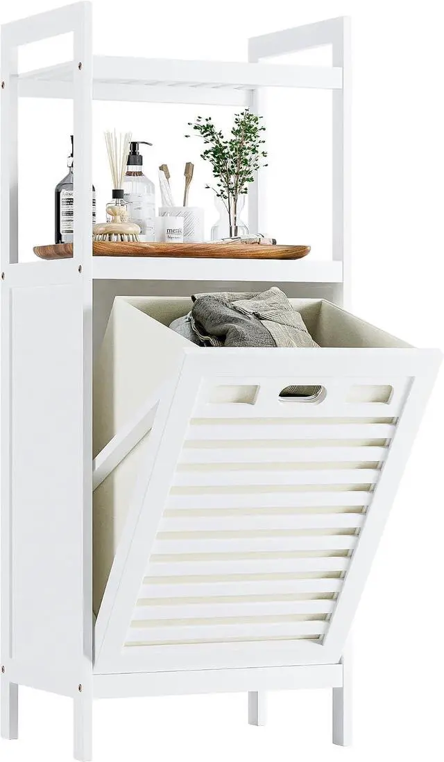 Main image of 10 Gal White Bamboo Tilt Out Laundry Hamper Freestanding Bathroom Storage Cabinet With Removable Foldable Liner Bag Open Shelves For Bathroom Laundry Room Living Room