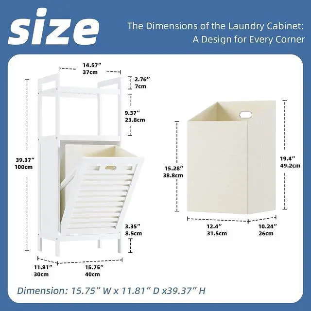 Alt view image 3 of 7 - 10 Gal White Bamboo Tilt Out Laundry Hamper Freestanding Bathroom Storage Cabinet With Removable Foldable Liner Bag Open Shelves For Bathroom Laundry Room Living Room