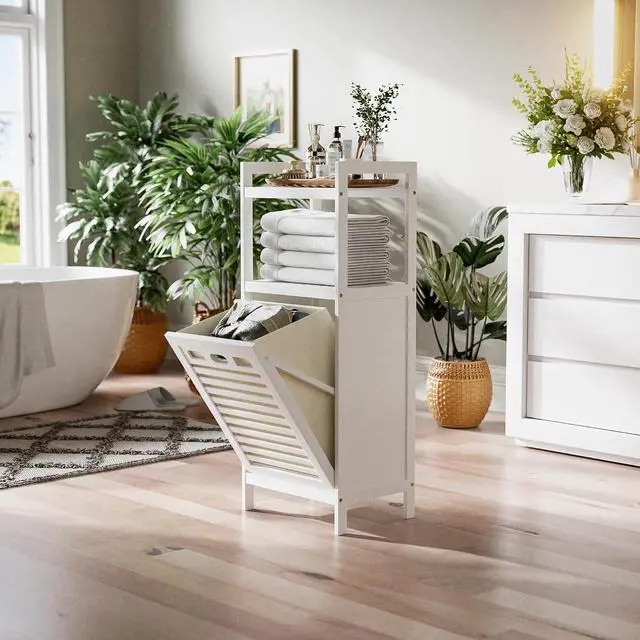 Alt view image 2 of 7 - 10 Gal White Bamboo Tilt Out Laundry Hamper Freestanding Bathroom Storage Cabinet With Removable Foldable Liner Bag Open Shelves For Bathroom Laundry Room Living Room