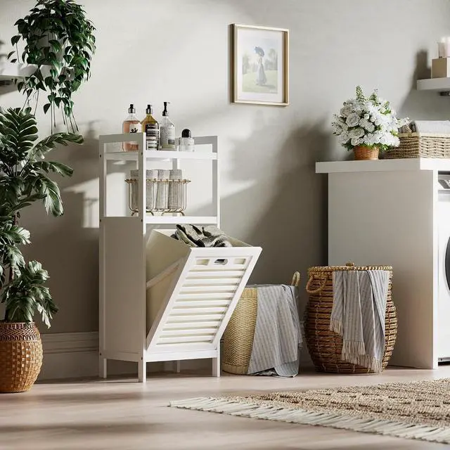 Alt view image 4 of 7 - 10 Gal White Bamboo Tilt Out Laundry Hamper Freestanding Bathroom Storage Cabinet With Removable Foldable Liner Bag Open Shelves For Bathroom Laundry Room Living Room