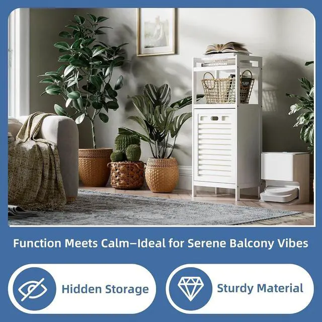 Alt view image 5 of 7 - 10 Gal White Bamboo Tilt Out Laundry Hamper Freestanding Bathroom Storage Cabinet With Removable Foldable Liner Bag Open Shelves For Bathroom Laundry Room Living Room
