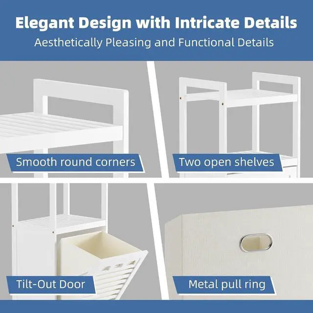 Alt view image 6 of 7 - 10 Gal White Bamboo Tilt Out Laundry Hamper Freestanding Bathroom Storage Cabinet With Removable Foldable Liner Bag Open Shelves For Bathroom Laundry Room Living Room