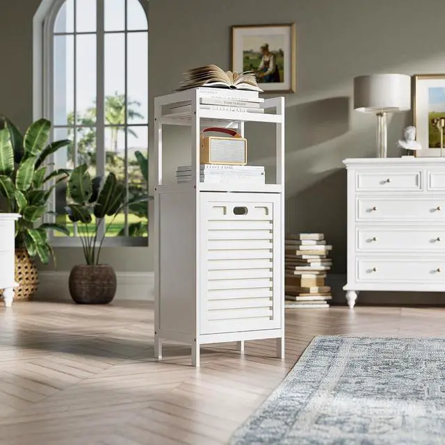 Alt view image 7 of 7 - 10 Gal White Bamboo Tilt Out Laundry Hamper Freestanding Bathroom Storage Cabinet With Removable Foldable Liner Bag Open Shelves For Bathroom Laundry Room Living Room