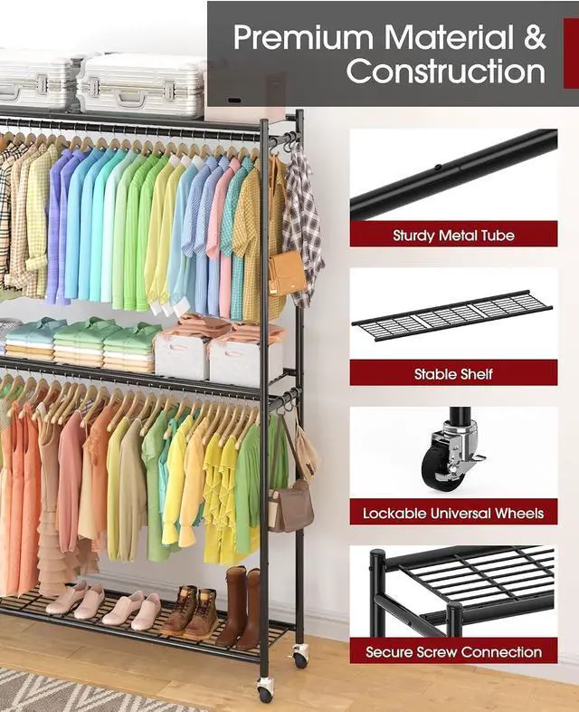Alt view image 3 of 7 - Multi-Functional Metal Garment Rack with Shelves Wheels and Hooks 45.2" x 12.2" x 79.5" Wardrobe Closet for Bedroom Laundry Balcony Black