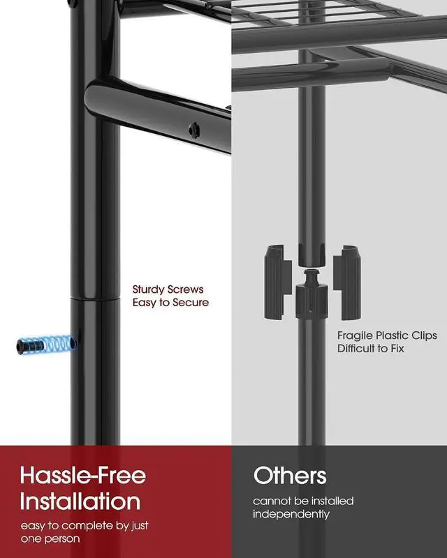 Alt view image 4 of 7 - Multi-Functional Metal Garment Rack with Shelves Wheels and Hooks 45.2" x 12.2" x 79.5" Wardrobe Closet for Bedroom Laundry Balcony Black