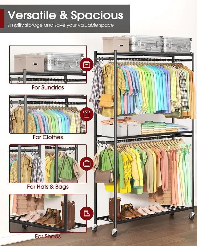 Alt view image 5 of 7 - Multi-Functional Metal Garment Rack with Shelves Wheels and Hooks 45.2" x 12.2" x 79.5" Wardrobe Closet for Bedroom Laundry Balcony Black