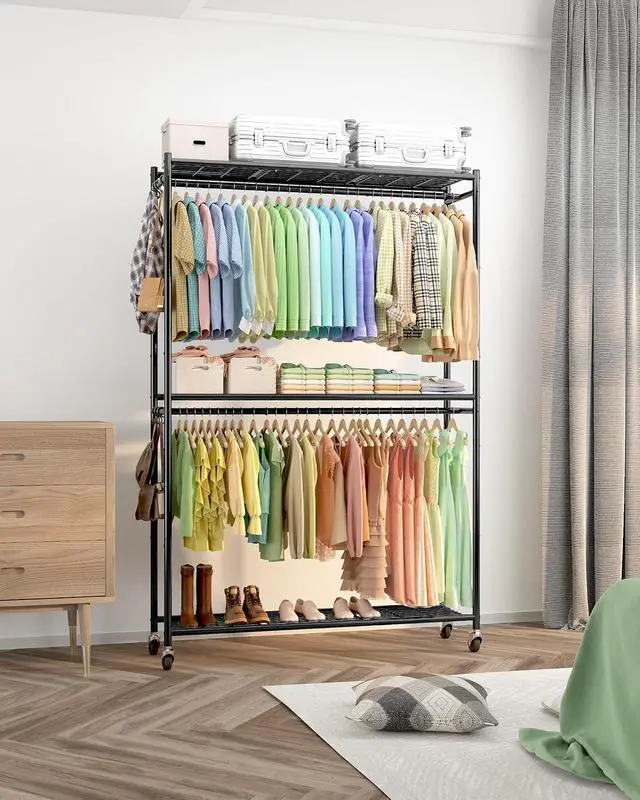 Alt view image 7 of 7 - Multi-Functional Metal Garment Rack with Shelves Wheels and Hooks 45.2" x 12.2" x 79.5" Wardrobe Closet for Bedroom Laundry Balcony Black