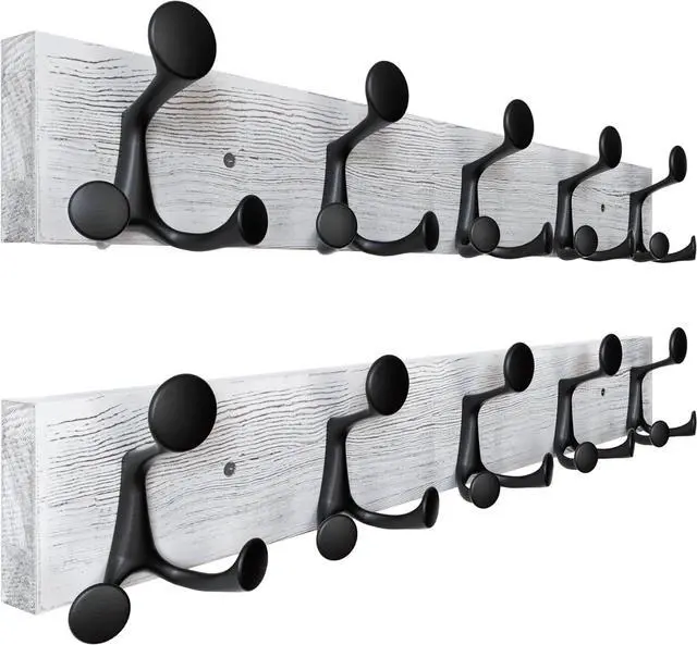 Main image of 2 Pack 24 Inch Wall Mounted Wood Coat Rack with 5 Triple Hooks Distressed White Wash Entryway Hanging Hook Rack for Clothes Backpacks Towels Pet Supplies