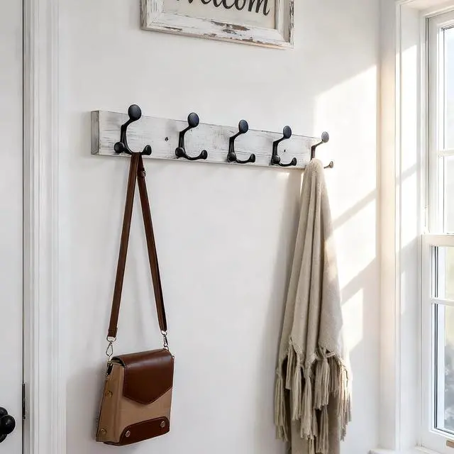 Alt view image 2 of 6 - 2 Pack 24 Inch Wall Mounted Wood Coat Rack with 5 Triple Hooks Distressed White Wash Entryway Hanging Hook Rack for Clothes Backpacks Towels Pet Supplies