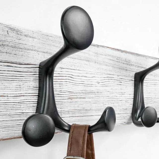 Alt view image 5 of 6 - 2 Pack 24 Inch Wall Mounted Wood Coat Rack with 5 Triple Hooks Distressed White Wash Entryway Hanging Hook Rack for Clothes Backpacks Towels Pet Supplies