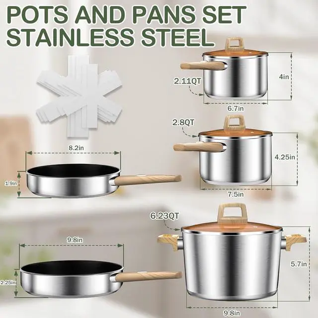Alt view image 2 of 7 - 13 Piece Stainless Steel Pots and Pans Set, Tri-Ply Base Induction Cookware, Dishwasher Safe Kitchen Cooking Set