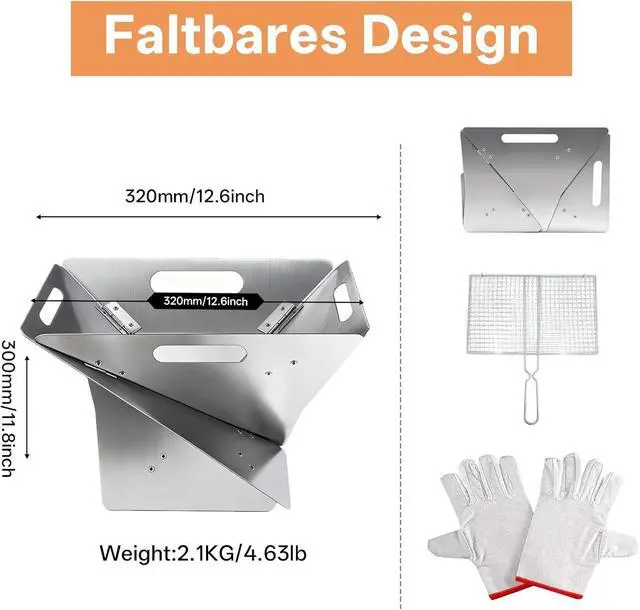 Alt view image 2 of 7 - 16.54 Inch Foldable Portable Fire Pit, 304 Stainless Steel Camping Fire Bowl with Grill Net & Heat-Resistant Gloves, Compact Bonfire Pit for Outdoor BBQ, Patio, Garden & Camping