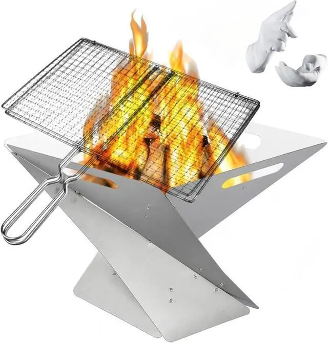 Alt view image 4 of 7 - 16.54 Inch Foldable Portable Fire Pit, 304 Stainless Steel Camping Fire Bowl with Grill Net & Heat-Resistant Gloves, Compact Bonfire Pit for Outdoor BBQ, Patio, Garden & Camping