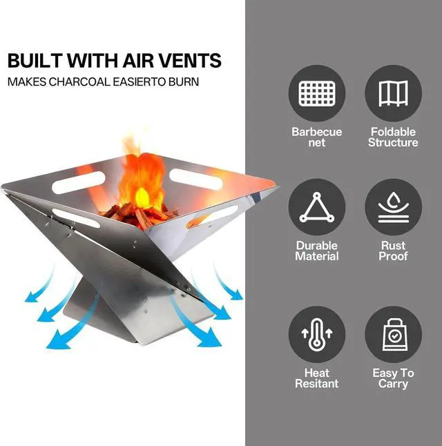 Alt view image 6 of 7 - 16.54 Inch Foldable Portable Fire Pit, 304 Stainless Steel Camping Fire Bowl with Grill Net & Heat-Resistant Gloves, Compact Bonfire Pit for Outdoor BBQ, Patio, Garden & Camping