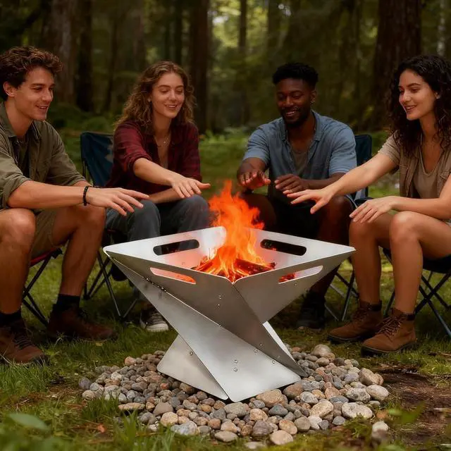 Alt view image 7 of 7 - 16.54 Inch Foldable Portable Fire Pit, 304 Stainless Steel Camping Fire Bowl with Grill Net & Heat-Resistant Gloves, Compact Bonfire Pit for Outdoor BBQ, Patio, Garden & Camping