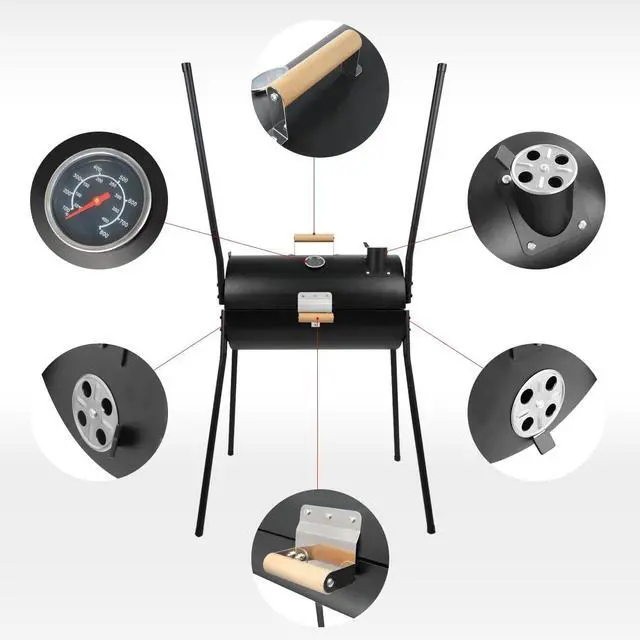 Alt view image 3 of 7 - Portable Charcoal Double-Sided Smoker Grill with Thermometer for Outdoor Patio Backyard Camping Picnics and Parties