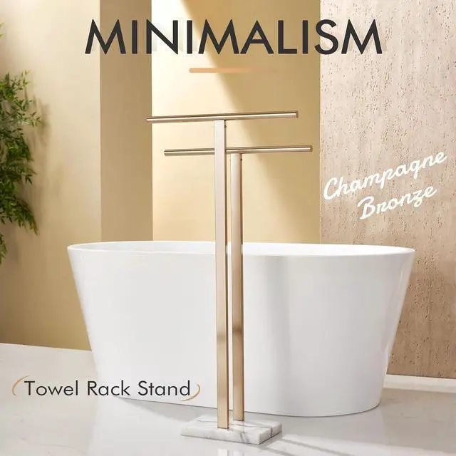 Alt view image 2 of 7 - 2-Tier Freestanding Towel Rack with Heavy Thickened Marble Base Champagne Bronze SUS304 Stainless Steel Floor Towel Holder for Bathroom Small Spaces
