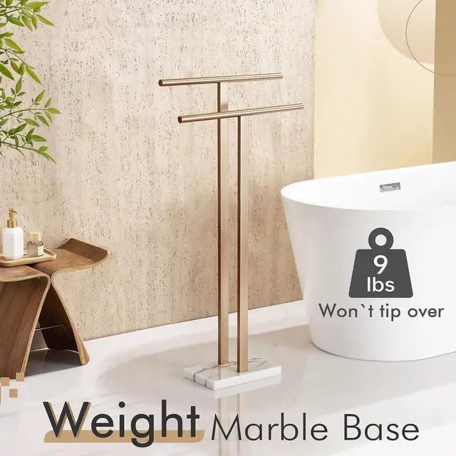 Alt view image 4 of 7 - 2-Tier Freestanding Towel Rack with Heavy Thickened Marble Base Champagne Bronze SUS304 Stainless Steel Floor Towel Holder for Bathroom Small Spaces