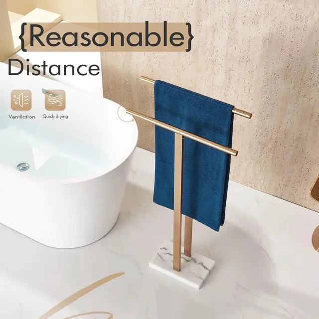 Alt view image 6 of 7 - 2-Tier Freestanding Towel Rack with Heavy Thickened Marble Base Champagne Bronze SUS304 Stainless Steel Floor Towel Holder for Bathroom Small Spaces