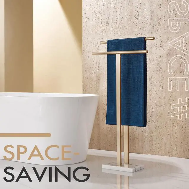 Alt view image 7 of 7 - 2-Tier Freestanding Towel Rack with Heavy Thickened Marble Base Champagne Bronze SUS304 Stainless Steel Floor Towel Holder for Bathroom Small Spaces