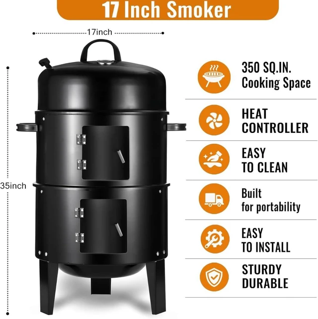 Alt view image 2 of 7 - 17 Inch Vertical Charcoal Smoker Grill with Thermometers and Air Vent, 3-in-1 Portable Multi-Layer Cooking with 2 Access Doors for Outdoor BBQ
