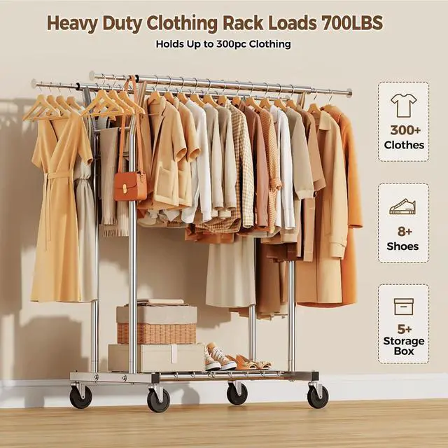 Alt view image 2 of 7 - Heavy Duty Rolling Garment Rack 700LBS Capacity Dual-Rod Adjustable Clothing Rack with Wheels Shelves for Home Commercial Use Silver