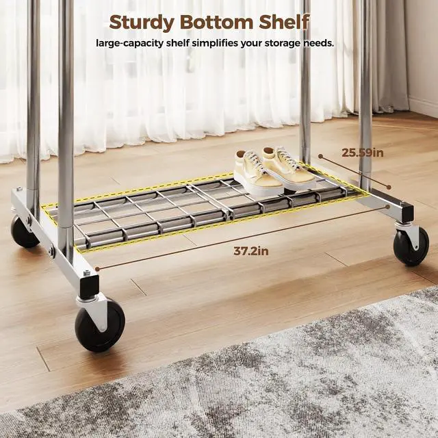 Alt view image 4 of 7 - Heavy Duty Rolling Garment Rack 700LBS Capacity Dual-Rod Adjustable Clothing Rack with Wheels Shelves for Home Commercial Use Silver