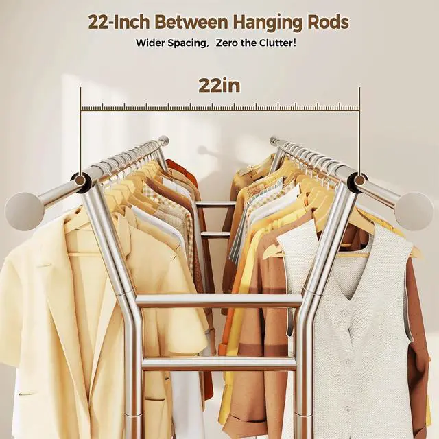 Alt view image 3 of 7 - Heavy Duty Rolling Garment Rack 700LBS Capacity Dual-Rod Adjustable Clothing Rack with Wheels Shelves for Home Commercial Use Silver