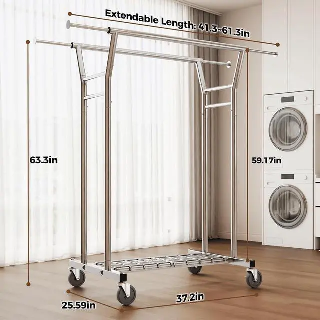 Alt view image 5 of 7 - Heavy Duty Rolling Garment Rack 700LBS Capacity Dual-Rod Adjustable Clothing Rack with Wheels Shelves for Home Commercial Use Silver