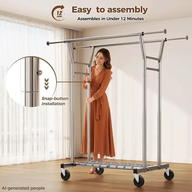 Alt view image 6 of 7 - Heavy Duty Rolling Garment Rack 700LBS Capacity Dual-Rod Adjustable Clothing Rack with Wheels Shelves for Home Commercial Use Silver