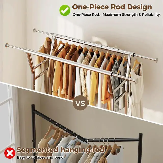 Alt view image 7 of 7 - Heavy Duty Rolling Garment Rack 700LBS Capacity Dual-Rod Adjustable Clothing Rack with Wheels Shelves for Home Commercial Use Silver