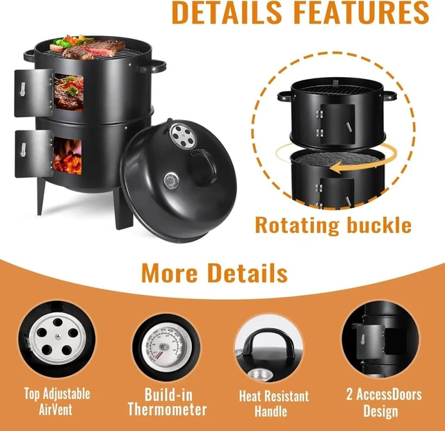 Alt view image 4 of 7 - 17 Inch Vertical Charcoal Smoker Grill with Thermometers and Air Vent, 3-in-1 Portable Multi-Layer Cooking with 2 Access Doors for Outdoor BBQ