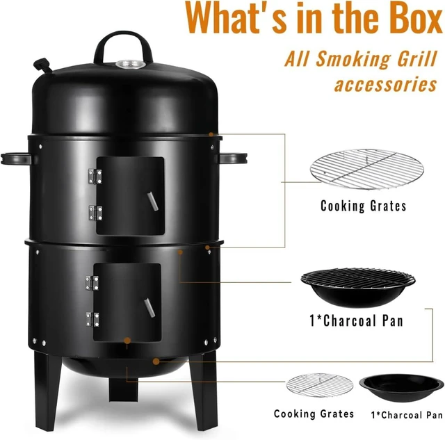 Alt view image 5 of 7 - 17 Inch Vertical Charcoal Smoker Grill with Thermometers and Air Vent, 3-in-1 Portable Multi-Layer Cooking with 2 Access Doors for Outdoor BBQ