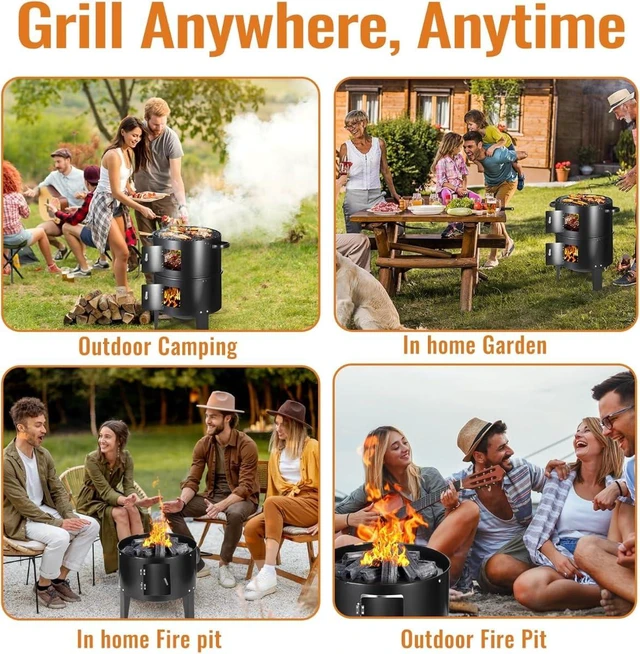 Alt view image 6 of 7 - 17 Inch Vertical Charcoal Smoker Grill with Thermometers and Air Vent, 3-in-1 Portable Multi-Layer Cooking with 2 Access Doors for Outdoor BBQ