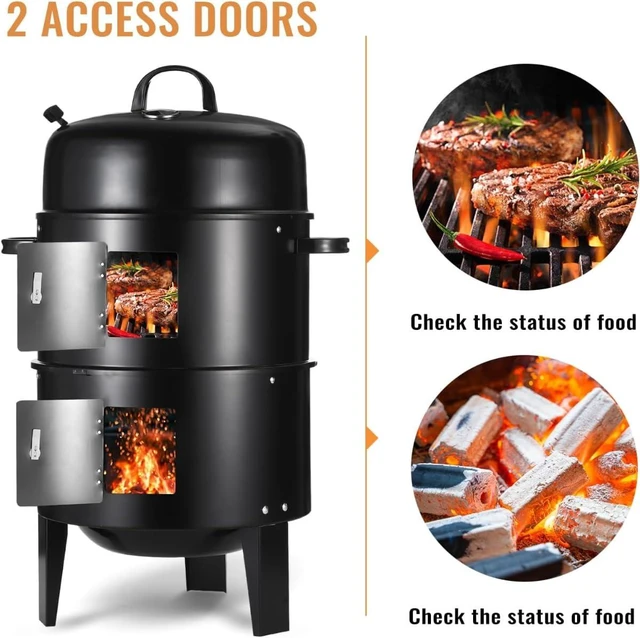 Alt view image 7 of 7 - 17 Inch Vertical Charcoal Smoker Grill with Thermometers and Air Vent, 3-in-1 Portable Multi-Layer Cooking with 2 Access Doors for Outdoor BBQ