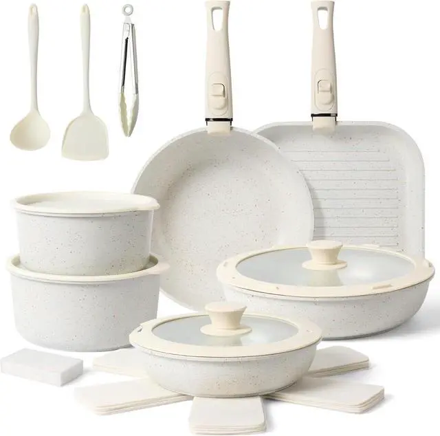 Main image of 20-Piece Ceramic Nonstick Cookware Set with Detachable Handles, Stackable Oven & Induction Safe Non-Toxic Kitchen Pots and Pans Set