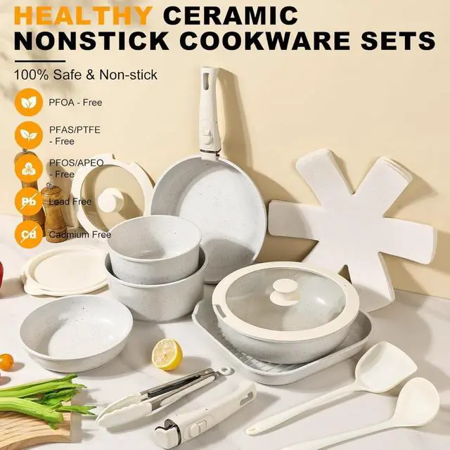 Alt view image 2 of 7 - 20-Piece Ceramic Nonstick Cookware Set with Detachable Handles, Stackable Oven & Induction Safe Non-Toxic Kitchen Pots and Pans Set