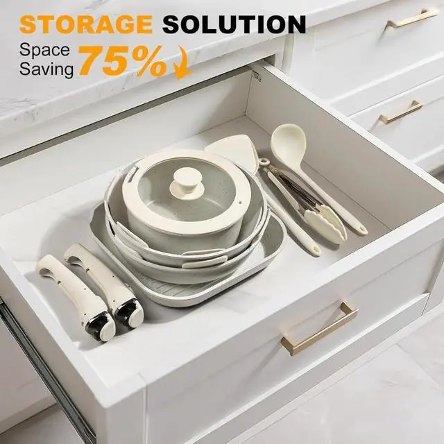 Alt view image 6 of 7 - 20-Piece Ceramic Nonstick Cookware Set with Detachable Handles, Stackable Oven & Induction Safe Non-Toxic Kitchen Pots and Pans Set