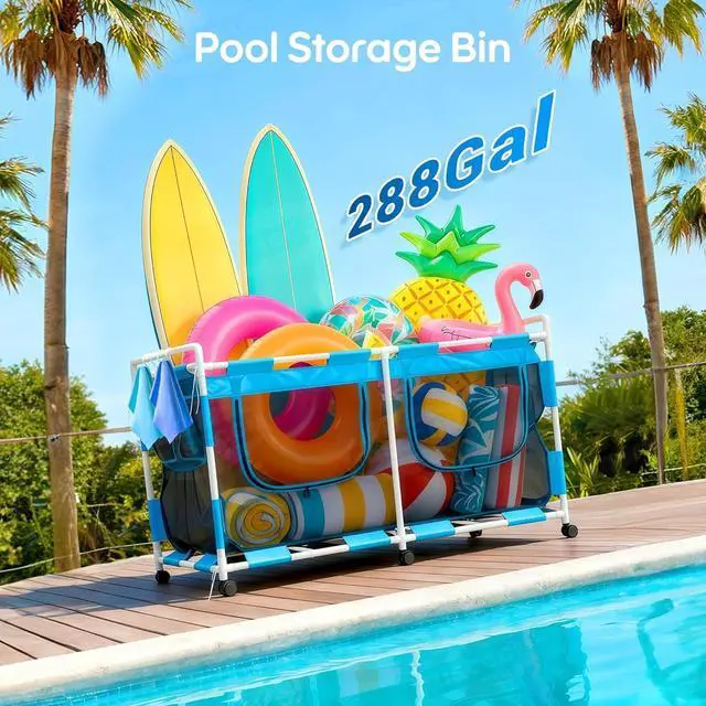 Alt view image 2 of 7 - 288 Gallon Pool Float Storage Organizer, 62"x32"x35" Mesh Rolling Cart, Easy Assembly Outdoor Storage Bin for Pool Noodles, Water Sports Gear & Towels, 6 Lockable Wheels