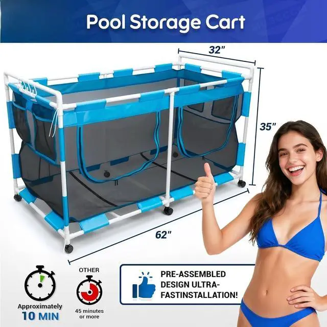 Alt view image 3 of 7 - 288 Gallon Pool Float Storage Organizer, 62"x32"x35" Mesh Rolling Cart, Easy Assembly Outdoor Storage Bin for Pool Noodles, Water Sports Gear & Towels, 6 Lockable Wheels