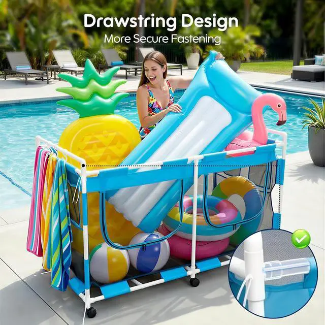 Alt view image 6 of 7 - 288 Gallon Pool Float Storage Organizer, 62"x32"x35" Mesh Rolling Cart, Easy Assembly Outdoor Storage Bin for Pool Noodles, Water Sports Gear & Towels, 6 Lockable Wheels