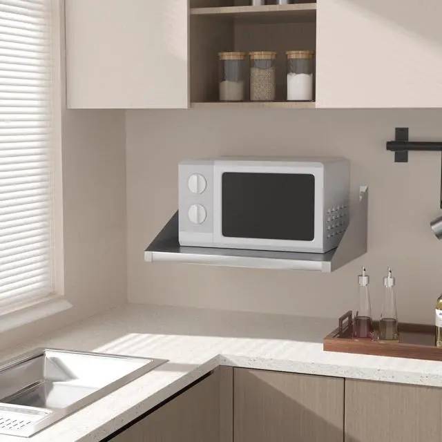 Alt view image 2 of 7 - Stainless Steel Wall Mount Microwave Shelf 24"x18", Heavy Duty 430 Steel Floating Shelving with Cord Management Hole for Kitchen Laundry Garage