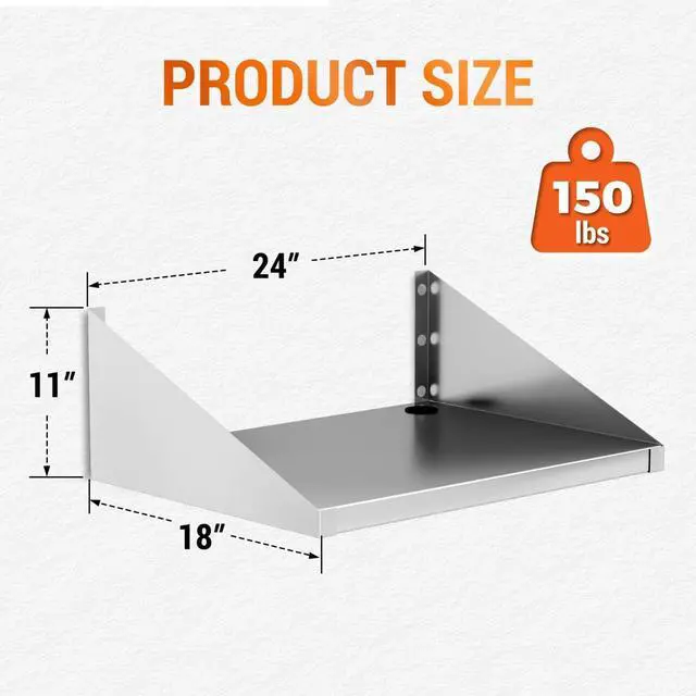 Alt view image 3 of 7 - Stainless Steel Wall Mount Microwave Shelf 24"x18", Heavy Duty 430 Steel Floating Shelving with Cord Management Hole for Kitchen Laundry Garage