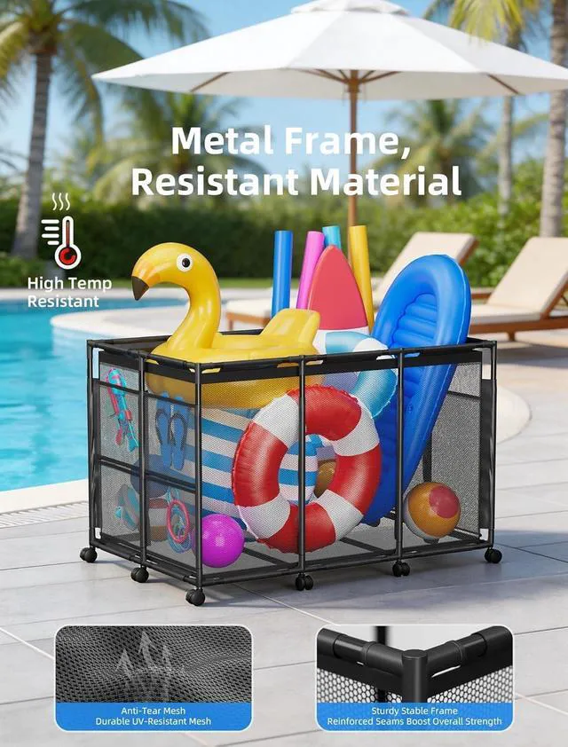 Alt view image 2 of 7 - XXL Rolling Mesh Pool Storage Bin, 235gal Large Outdoor Organizer with Wheels, for Pool Noodles, Floats, Balls, Goggles & Accessories, Black